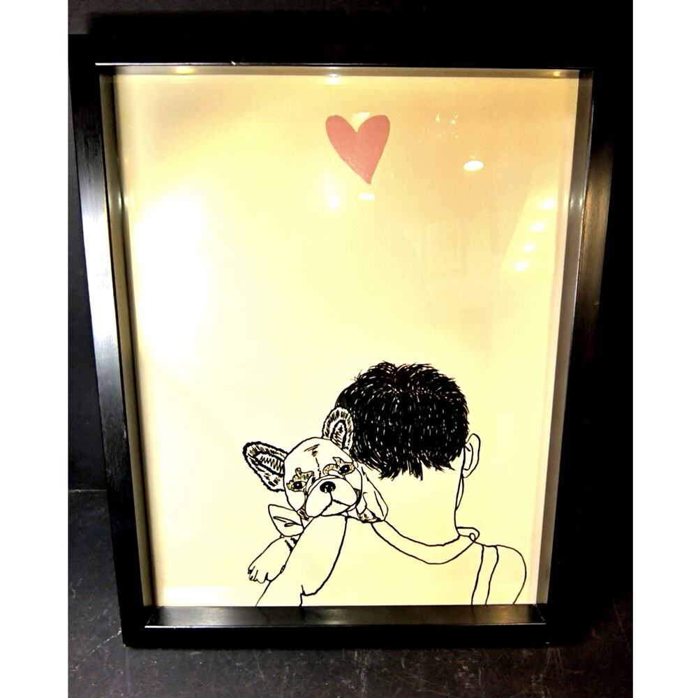1988.  Framed Minimalistic Black White Line Art French Bulldog Pink Heart Print